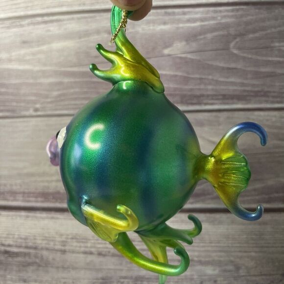 Vintage Alessandra Puffer Kissing Fish Ornament Blue Green Blown Glass 3" X 5" - Picture 4 of 8